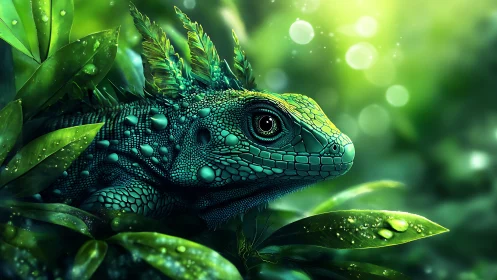Emerald lizard rests in glowing jungle canopy light
