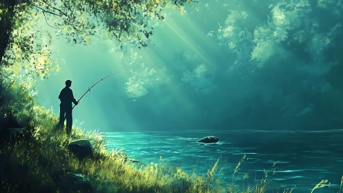 Digital painting of lone angler on sunlit riverside slope.