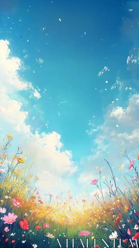 Wildflower meadow under expansive cyan summer sky.