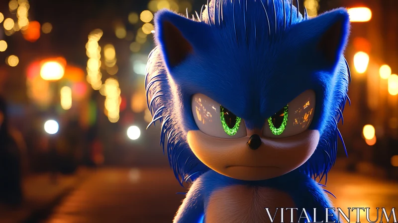 Blue hedgehog character glares amid neon city bokeh lights.