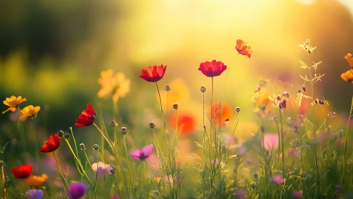 Wildflower meadow with red orange and pink blooms in soft light