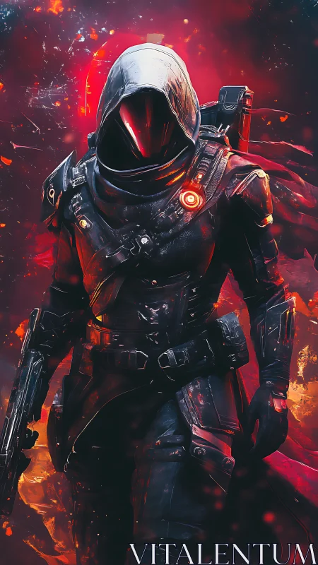 Armored hooded operative advances through incendiary nebula field