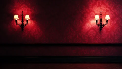 Wall-mounted lamps illuminate red patterned wallpaper evenly