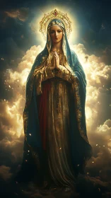 Sacred robed figure glows within luminous storm clouds.