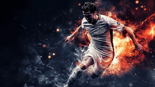 Dynamic digital art of soccer player with fiery effects.