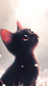 Black cat gazing upward with striking coral eyes and ethereal lighting
