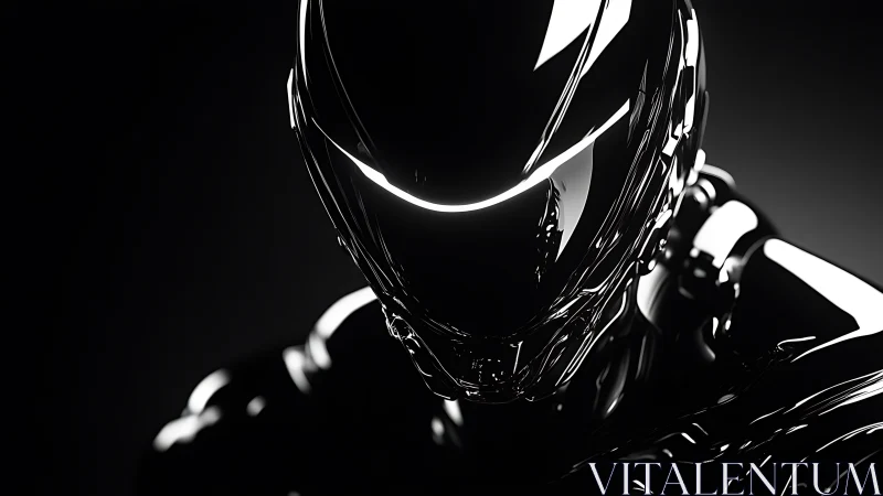 Glossy humanoid robot head rendered in high contrast light.