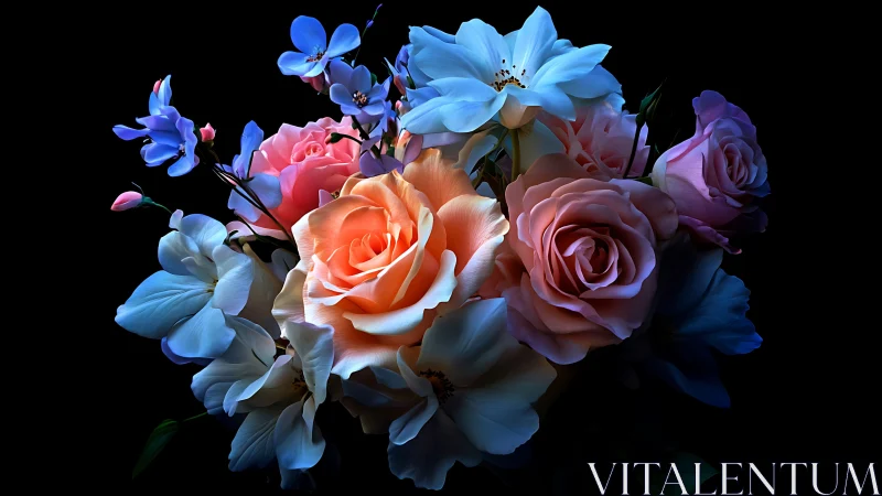 Luminous Floral Composition: Vibrant Roses and Blue Flowers Against Black.