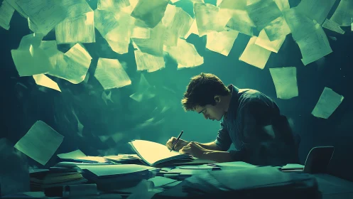 Focused student writes under swirling pages and teal light.