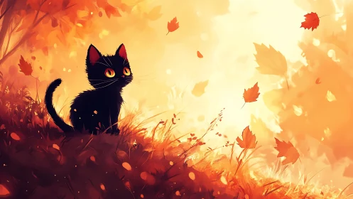 Black Cat in Autumn Field with Glowing Eyes.