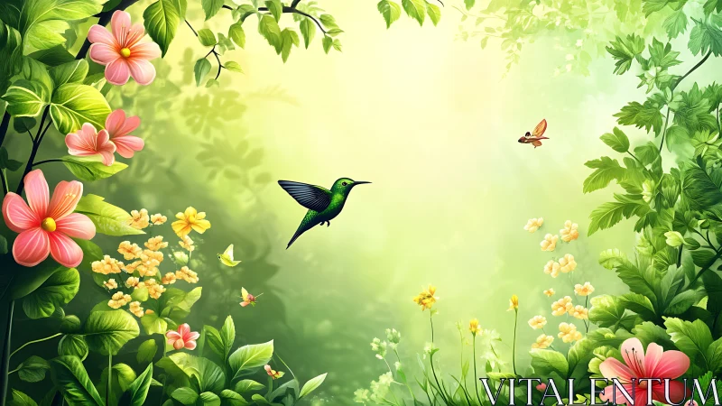 Hummingbird hovers in bright green forest clearing scene