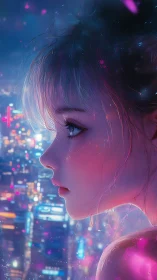 Neon city lights glow softly around a thoughtful anime girl