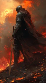 Dark armored knight stands amid blazing inferno sky.