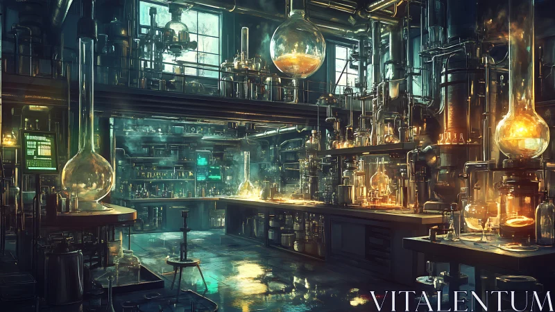 Alchemy engines hum inside a glowing cyberpunk laboratory.