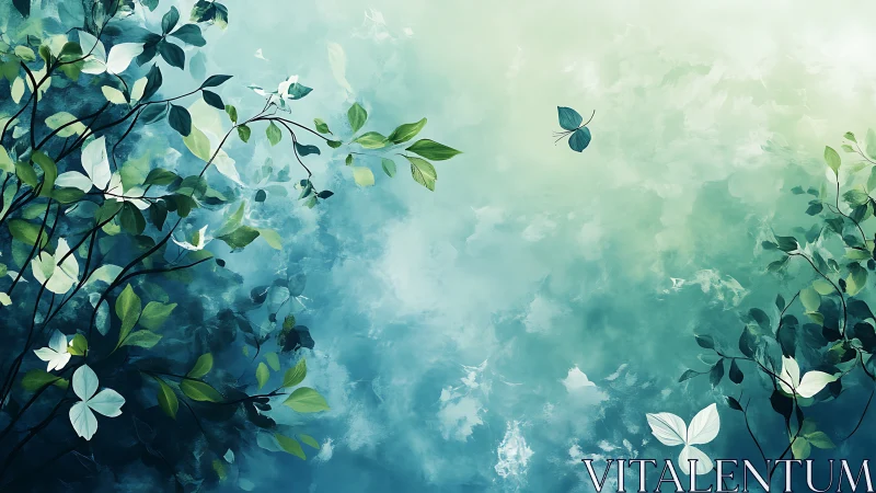 Lush green branches with leaves over dreamy teal sky.