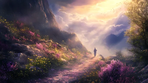 Solitary figure on floral mountain path under diffuse light.