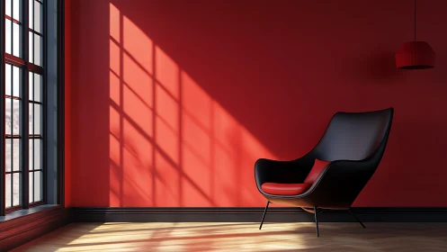Minimalist red interior dramatizes light, shadow and form