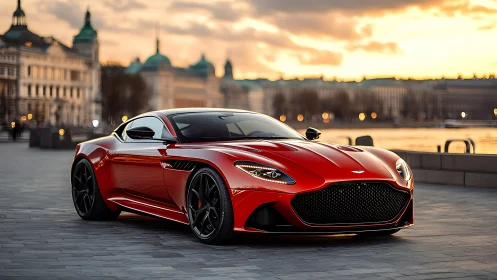 Sunset city streets meeting sleek crimson sports coupe.