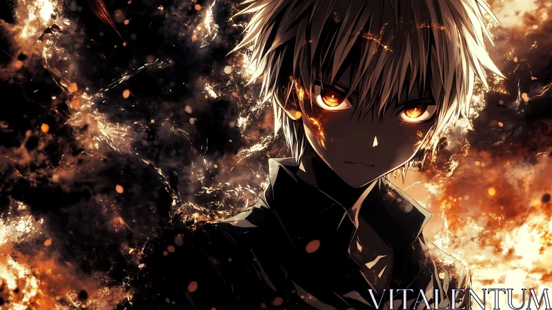 White haired anime antihero amid explosive ember storm.