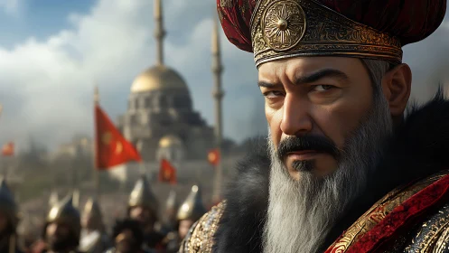 Ottoman-era military leader before domed city mosque.