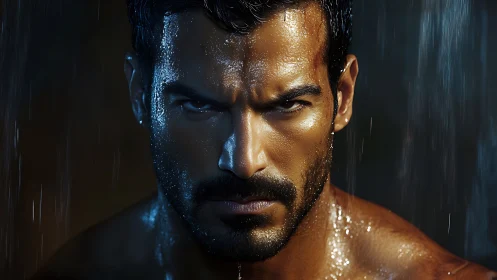 Intense wet portrait under directional rim lighting and shallow DOF