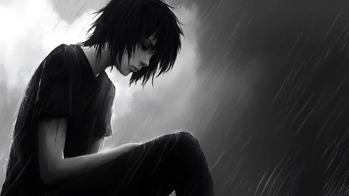 Solitary teen sits in heavy rain under dark storm clouds