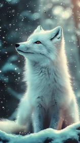 White arctic fox in snowfall against defocused forest background.