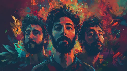 Triple male portrait in saturated abstract color field.