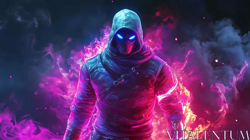 Hooded combatant in neon plasma flames with high contrast rim lighting