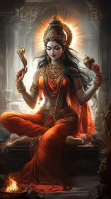 Divine woman in orange robes seated in radiant temple setting.