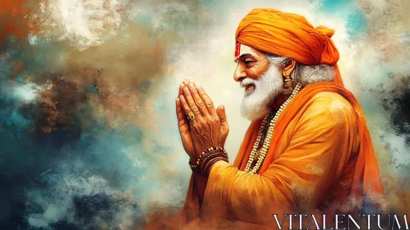 Gentle elder in orange robes offers a peaceful namaste greeting