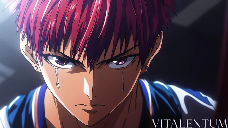 Crimson haired anime player confronts loss with burning resolve.