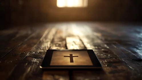 Tablet altar glows with digital cross in warm chapel light.