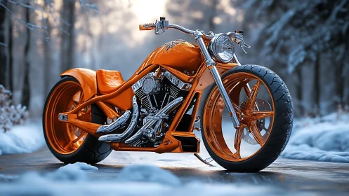 Orange custom chopper motorcycle gleams in a frosty forest scene
