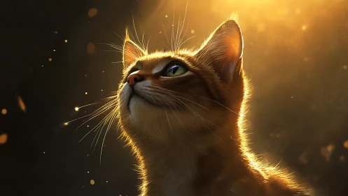 Golden Feline Gaze Against Luminous Shadow Backdrop.