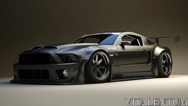 Modified black sports coupe with widebody kit in studio.