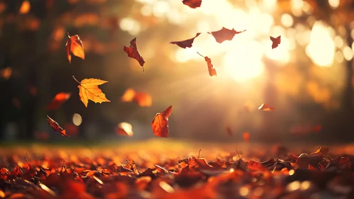 Autumn leaves swirl through golden sunset forest air.