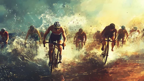 High-velocity cyclists cutting through aqueous spray turbulence.