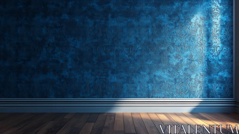 Sunlit blue textured wall casts calm light across floor