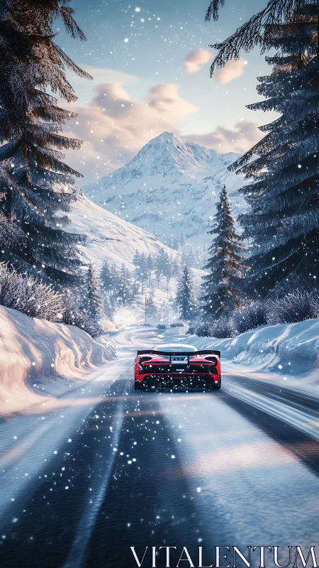 Aerodynamic supercar traversing dynamic snowy alpine pass.