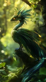 Feathered dragon creature stands on mossy log in forest