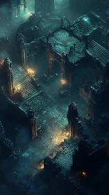 Ruined stone fortress interior illuminated by sparse torches