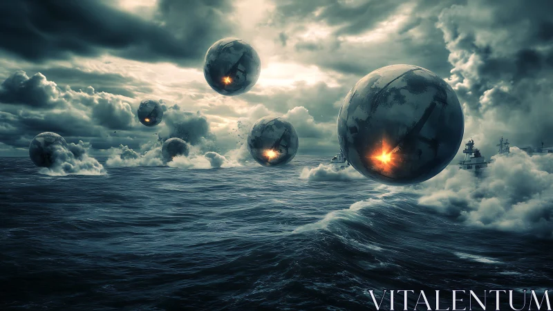 Orbital war spheres descend on storm-tossed ocean fleet.