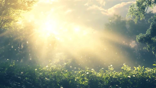 Sunlight Streaming Through Lush Forest in Dreamy Morning Light.