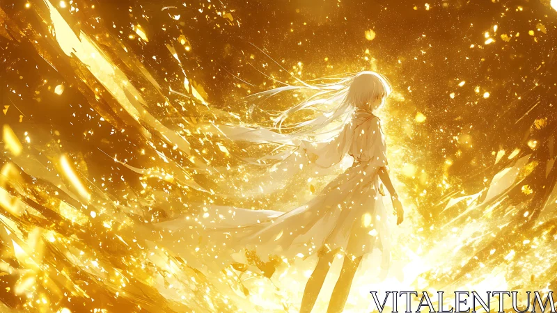 Backlit white-haired figure amid radiant golden energy burst