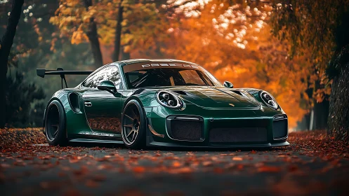 Emerald sports car glows against fiery autumn forest road.