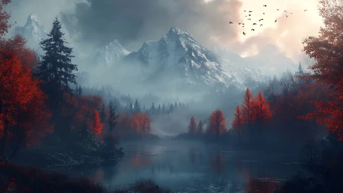 Crimson forest valley under misted alpine peaks at dawn.