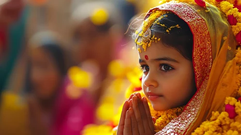Young girl in traditional attire with folded hands prays