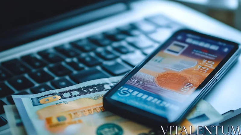 Smartphone mobile banking over cash and laptop keyboard workspace