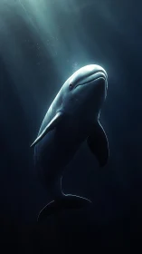 Beluga whale rendered in dark underwater environment.